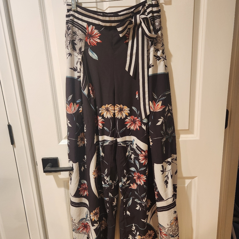 Jealous Tomato Black Floral Wide-Leg Pants Striped Waist Tie